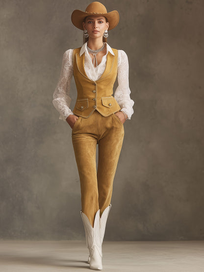 Western Retro Yellow Faux Suede Vest And Trousers Set