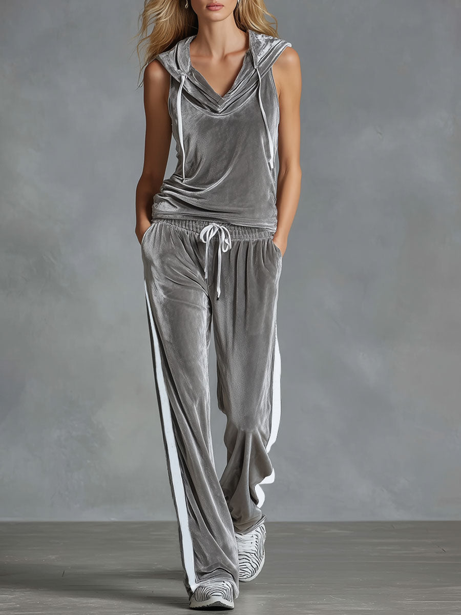V-neck Hooded Sleeveless Top And Pants Velvet Set