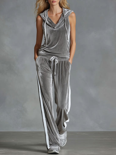 V-neck Hooded Sleeveless Top And Pants Velvet Set