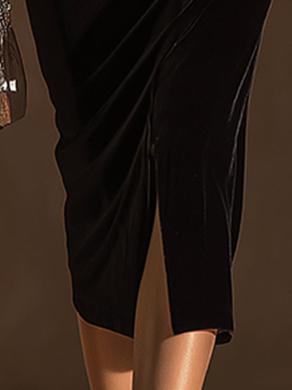 Vintage And Elegant Gray And Black V-neck Midi Dress