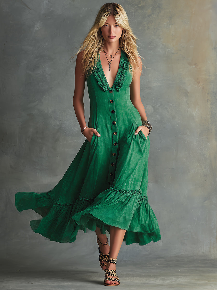 Retro Western Green Faux Suede V-Neck Ruffled Button Midi Dress