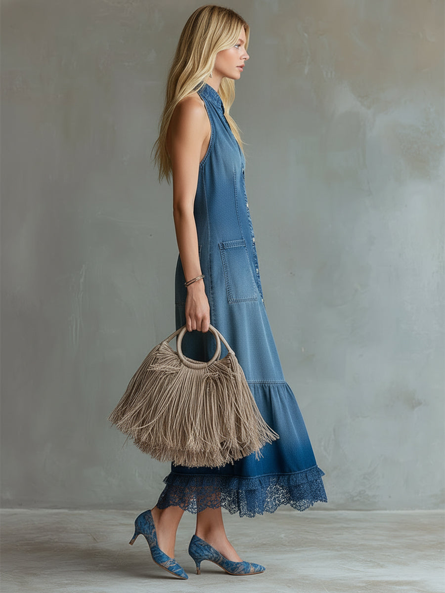 Elegant Urban Style Lace-trimmed Blue Denim Button-down Sleeveless Maxi Dress