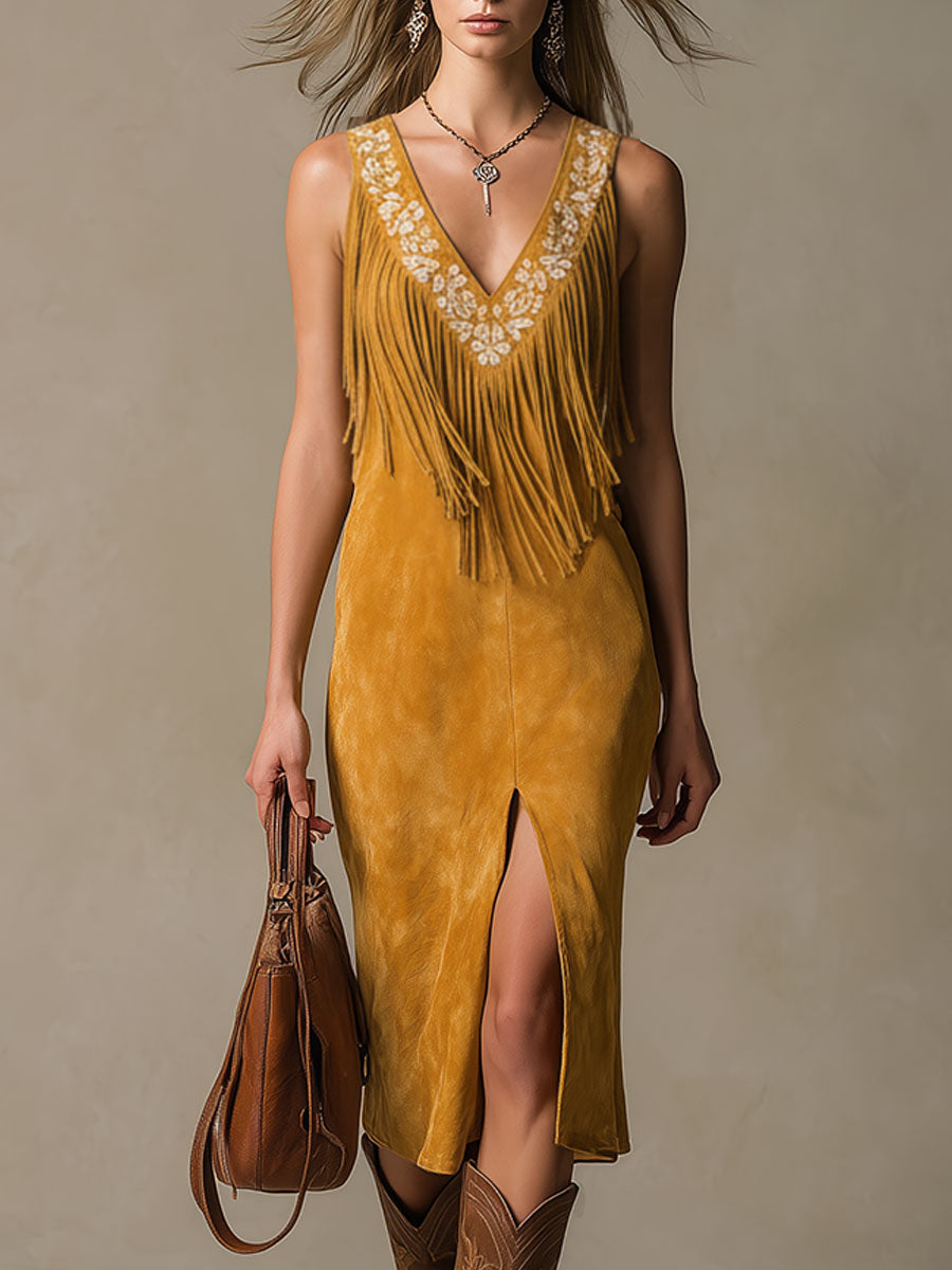 Western-style Retro Embroidered Brown Tassel Sleeveless Faux Suede Midi Dress