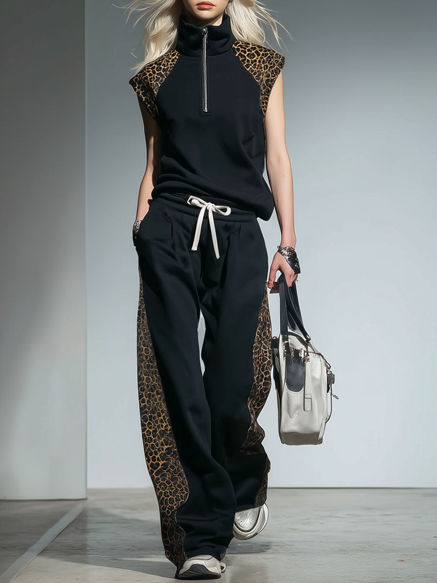 Color-blocked Patchwork Stand-collar Sleeveless Top And Pants Set