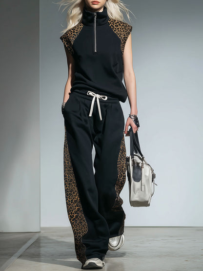 Color-blocked Patchwork Stand-collar Sleeveless Top And Pants Set