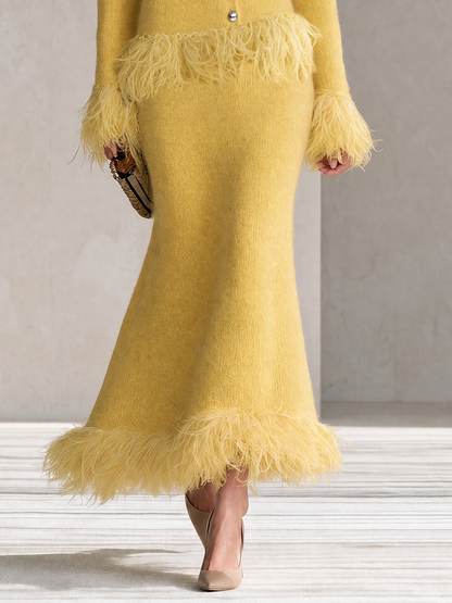 Retro-chic Yellow Knitted Skirt Set With Feather Fringe Details