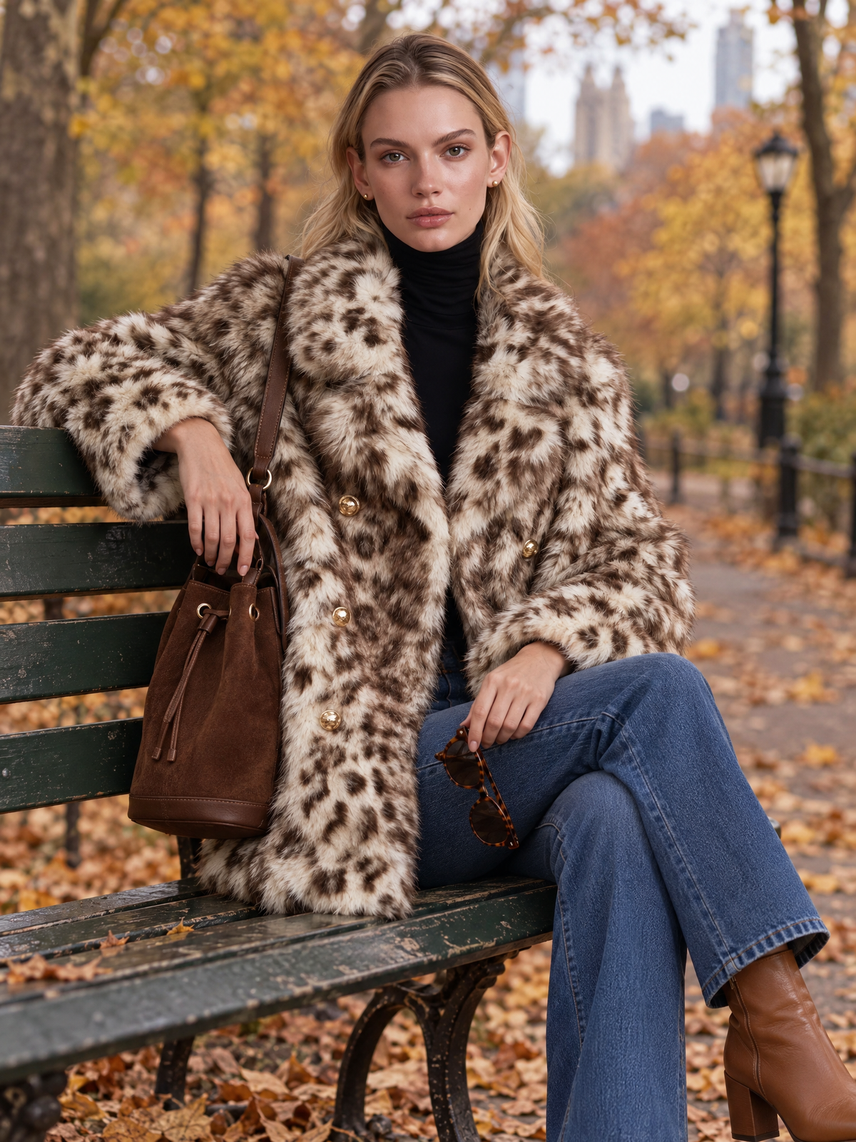 Vintage-Inspired Leopard Faux Fur Double-Breasted Gold Button Statement Coat