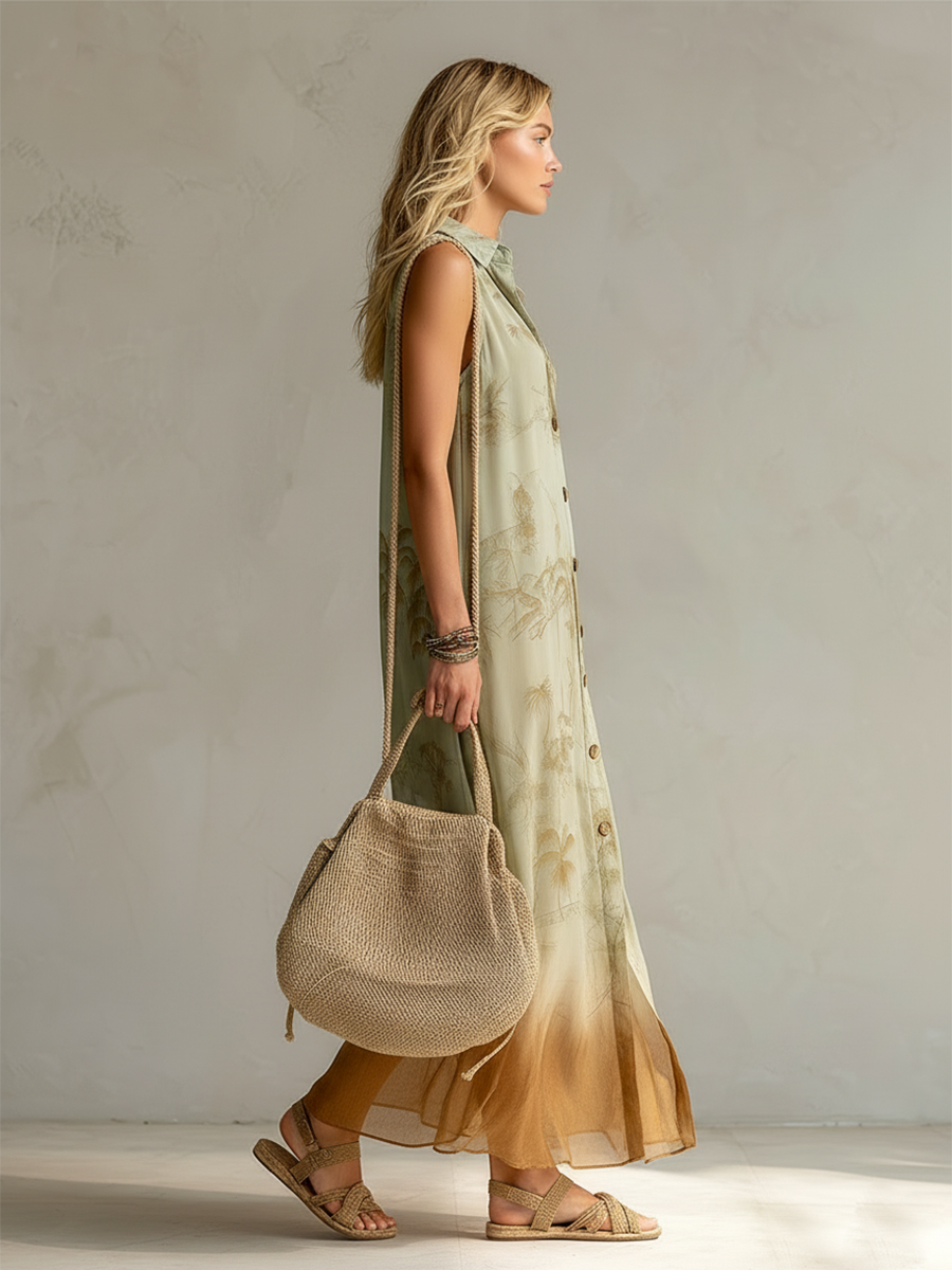 Retro-style Vacation Gradient Light Green Coconut Tree Print Chiffon Sleeveless Maxi Dress