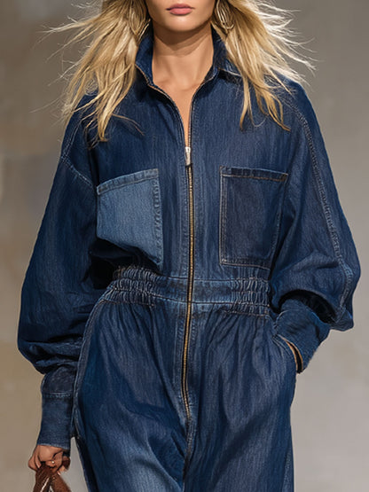 Retro-style Collared Multi-pocket Zippered Denim Jumpsuit