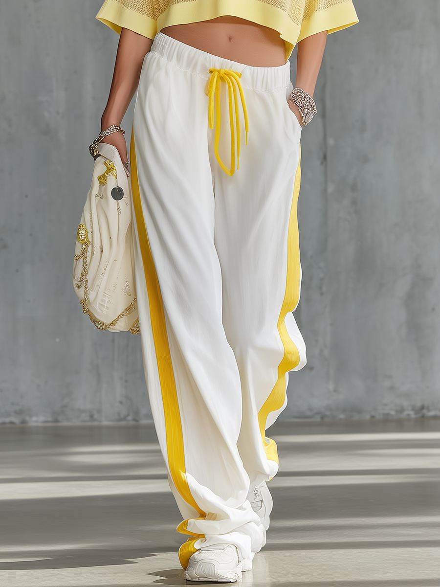 Athletic And Casual Style Short-sleeved Knitted T-shirt And Wide-leg Pants Set