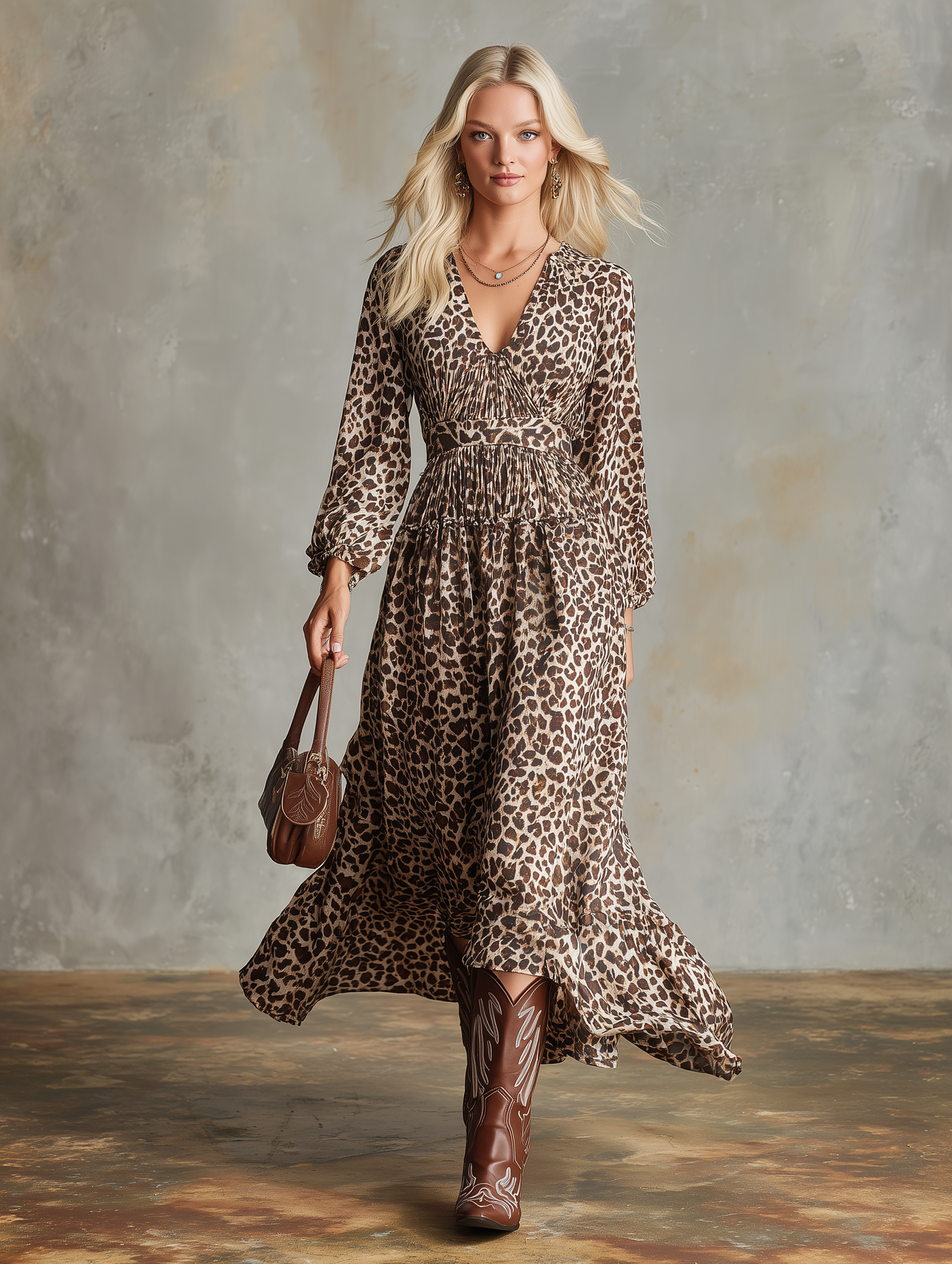 Stylish Leopard Print Chiffon V-neck Midi Dress With Elasticated Waist.