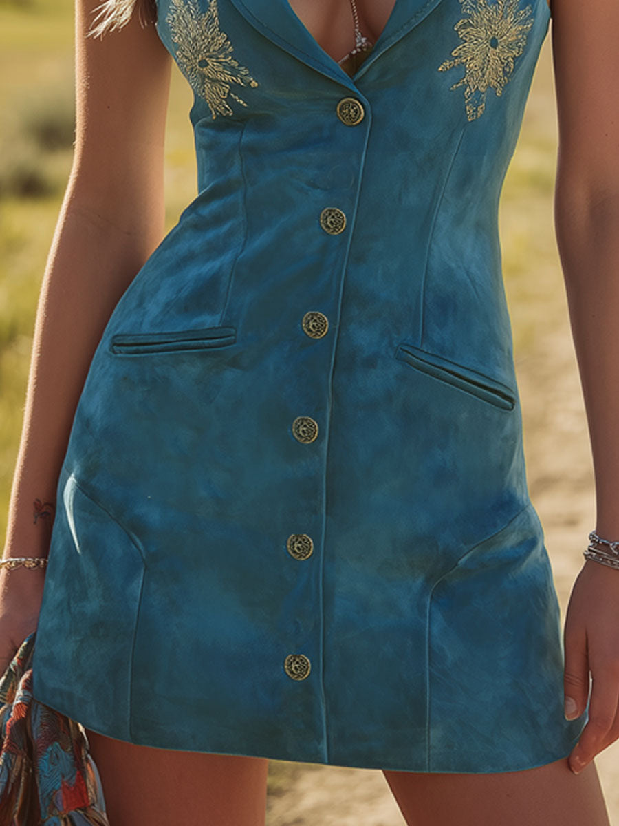 Western-style Faux Suede Embroidered Sleeveless Mini Dress