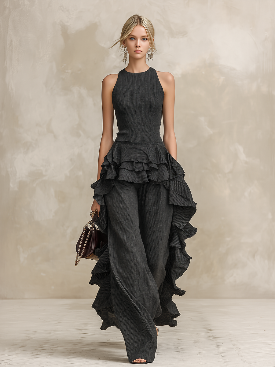 Avant-garde And Fashionable Sleeveless Top With Ruffle Details And Matching Trousers Set