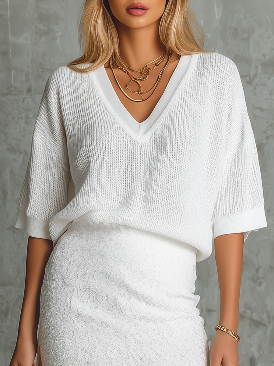 Elegant Retro V-neck Knit T-shirt And Side-slit Lace Skirt Set