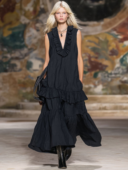 V-neck Ruffled Double-pocket Cotton-linen Sleeveless Maxi Dress