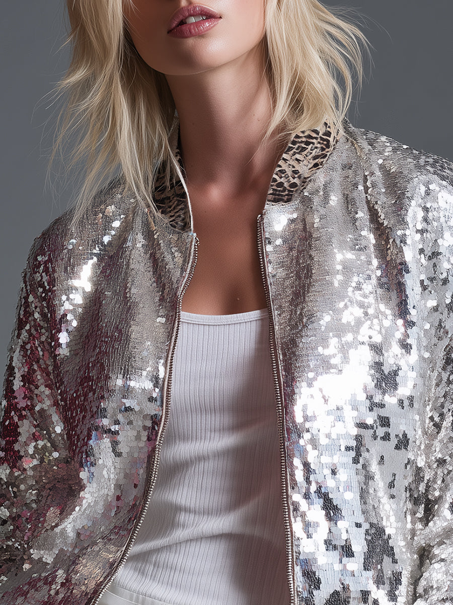 Retro Sporty Leopard Print Trim Silver Sequined Jacket