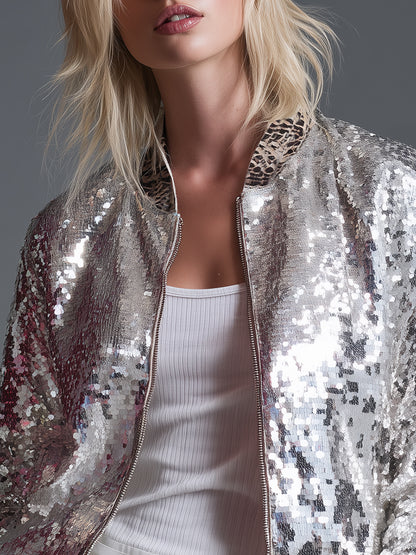 Retro Sporty Leopard Print Trim Silver Sequined Jacket
