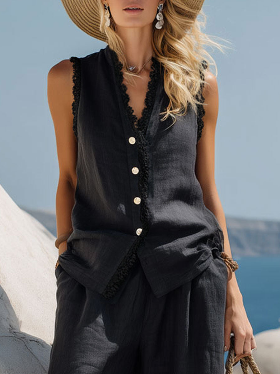 Vacation Retro Lace Sleeveless Black Cotton Linen Sleeveless Shirt And Wide-Leg Pants Set