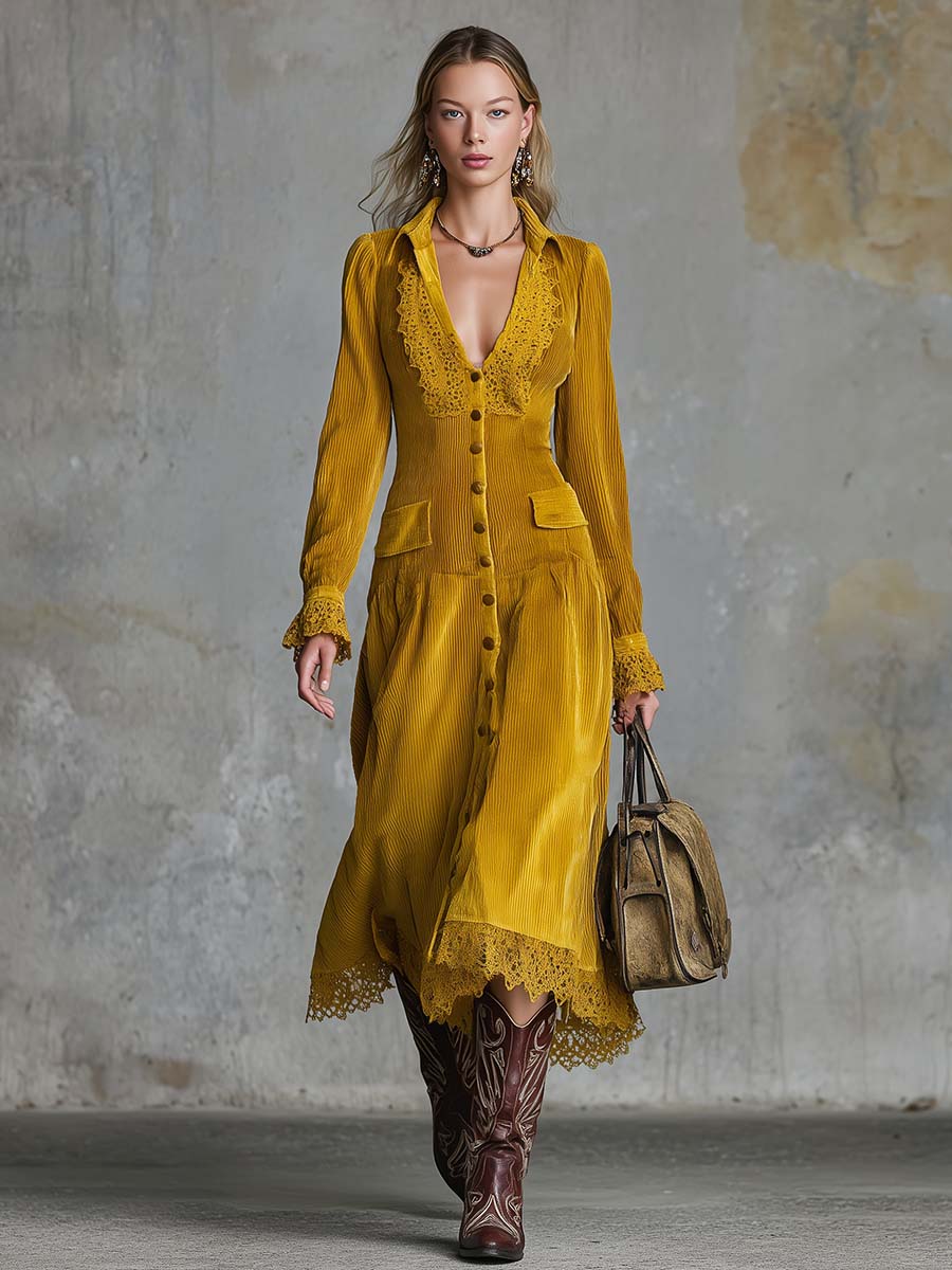 Vintage Western Elegant V-neck Front Button Lace Trim Gold Corduroy Midi Dress
