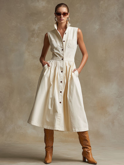 Retro Casual Off-white Stand-collar Sleeveless Denim Midi Dress