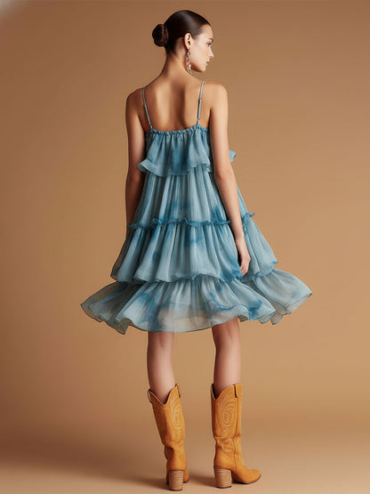 Resort-style Blue Spaghetti Strap Chiffon Midi Dress