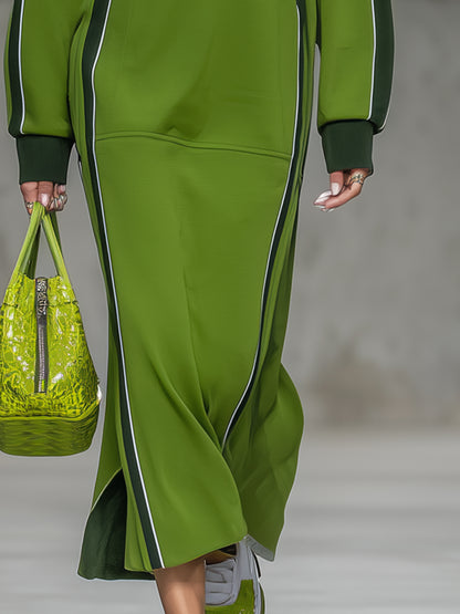 Sporty Dark Green Color-blocked Light Green And White Woven Ribbon Zipper Maxi Dress