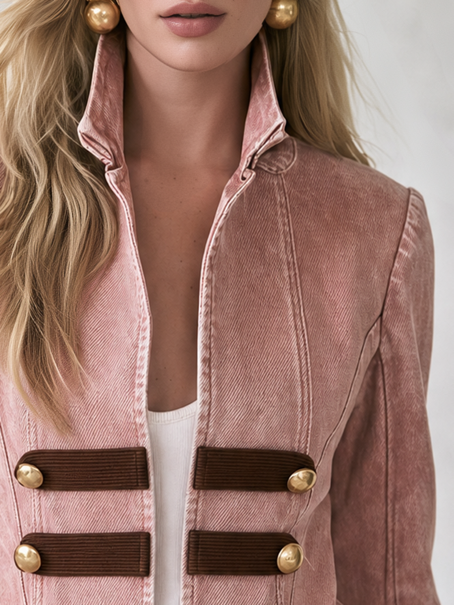 Pink Gold Button Military Denim Blazer For Women