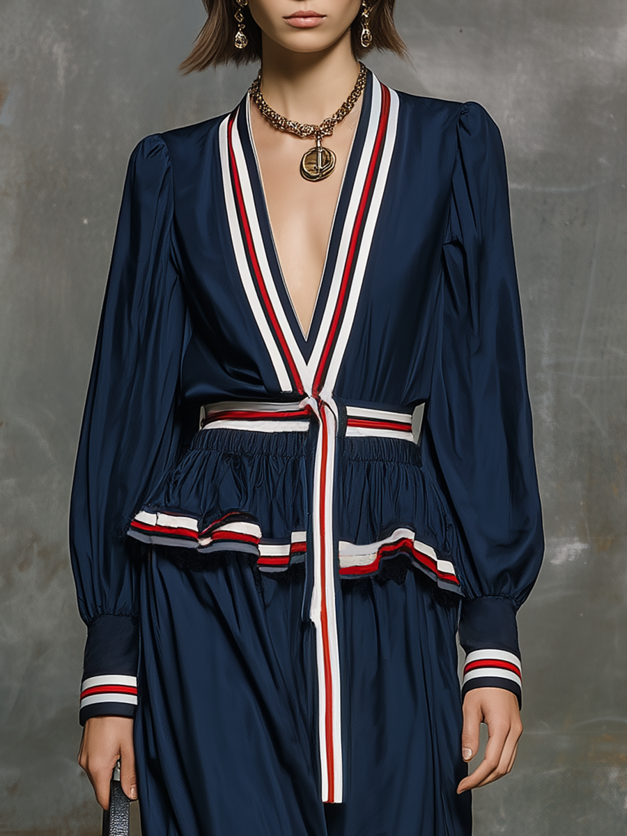 Retro V-neck Color-blocked Striped Satin Maxi Dress