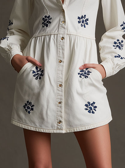 Casual Retro Daisy Embroidered Long-sleeved White Denim Cardigan Mini Dress