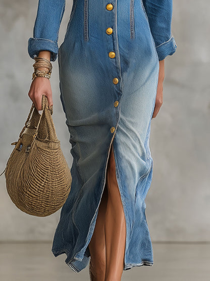 Retro-style Collared Split-hem Denim Long-sleeved Midi Dress