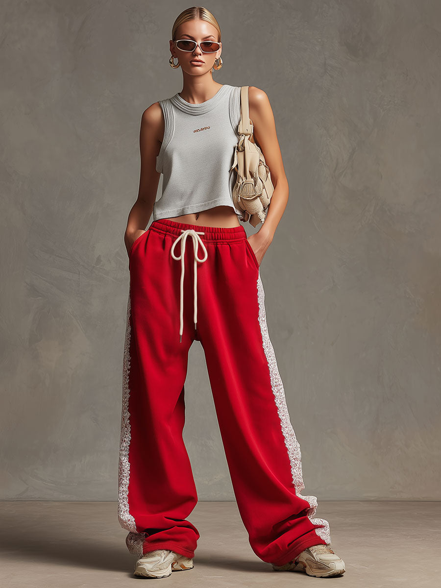 Sporty Retro Lace Red Cotton Blend Wide-leg Pants