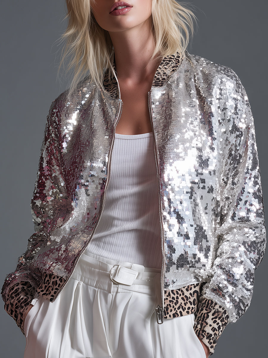 Retro Sporty Leopard Print Trim Silver Sequined Jacket
