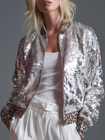 Retro Sporty Leopard Print Trim Silver Sequined Jacket