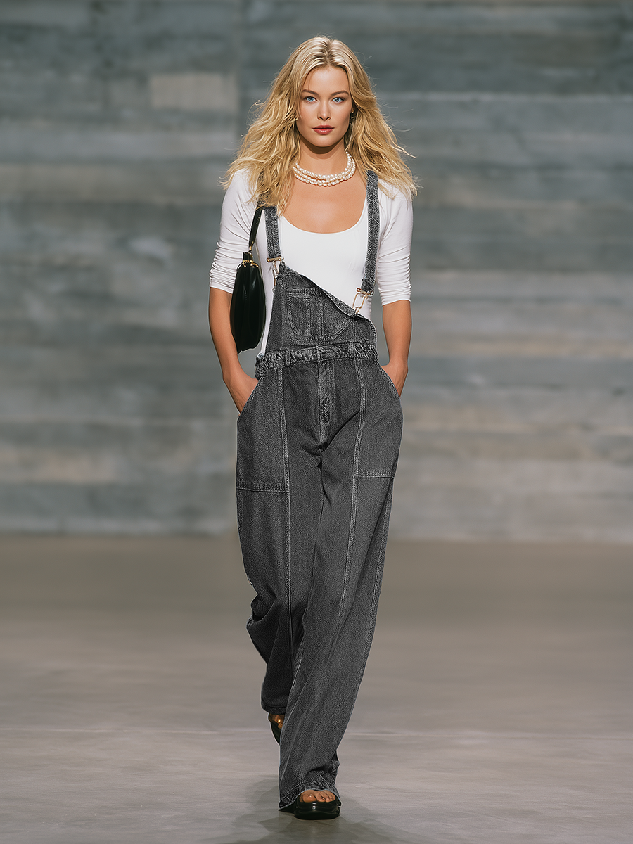 Loose-fitting Casual Wide-leg Gray Denim Overalls