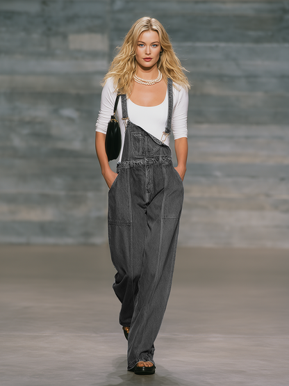 Loose-fitting Casual Wide-leg Gray Denim Overalls