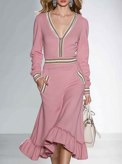 Fashionable And Casual Ruffled Hem Pink V-neck Midi Dress