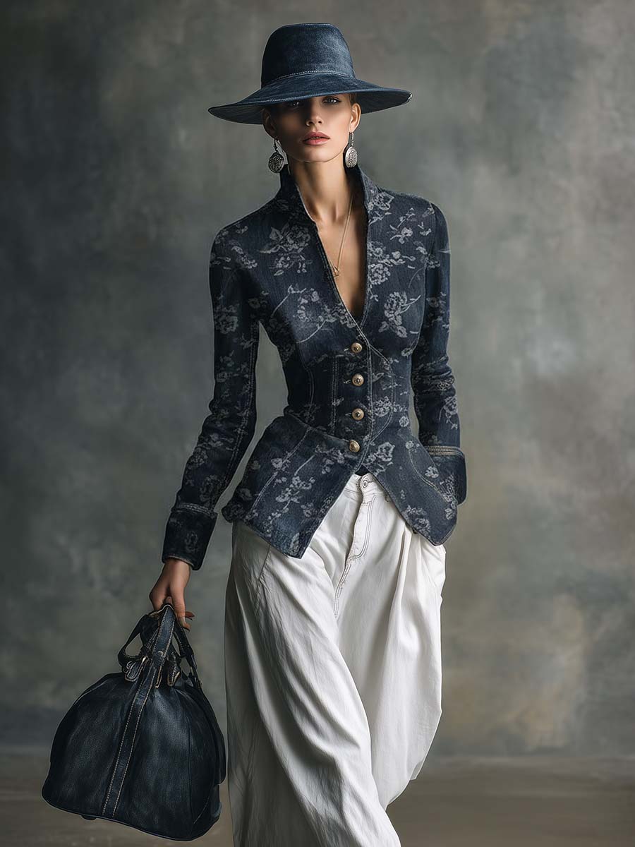 Exquisite Vintage Western V-neck Front-button Floral Pattern Dark Gray Denim Jacket