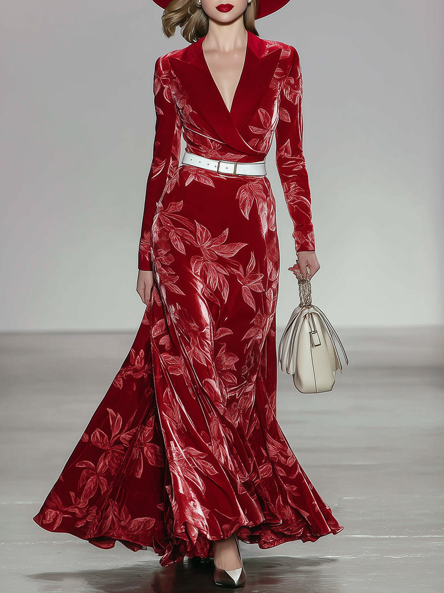 Elegant Red Velvet Maple Leaf Textured Suit Collar Maxi Dress