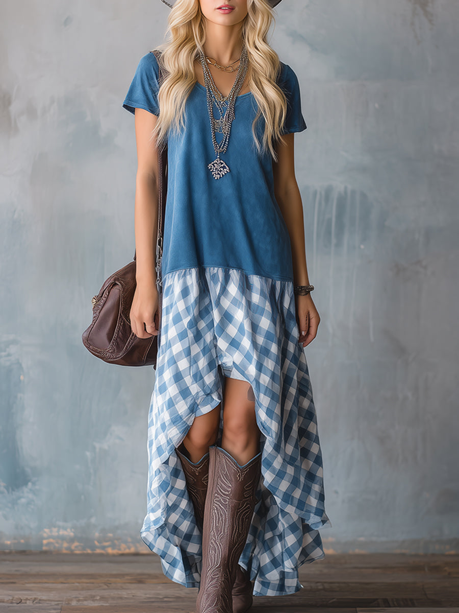 Retro-style Fashionable Blue Faux Suede Patchwork Plaid Short-sleeved Maxi Dress