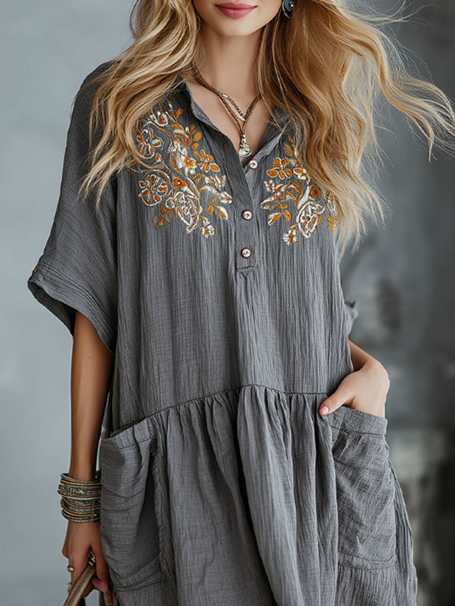 Gray Cotton And Linen Collared Button-down Short-sleeved Mini Dress