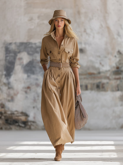 Retro And Stylish Lapel Button-down Khaki Maxi Dress