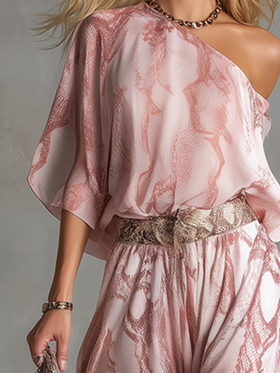 Retro Urban Style Pink Snake Print One-shoulder T-shirt And Wide-leg Pants Set