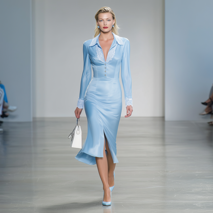 Elegant Blue Satin-trimmed White Lace Button-down Midi Dress