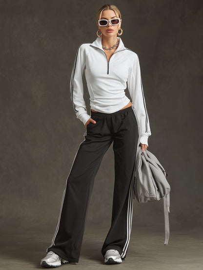 Sporty Retro Striped Black-White Long-sleeved Sweatshirt And Wide-leg Pants Set