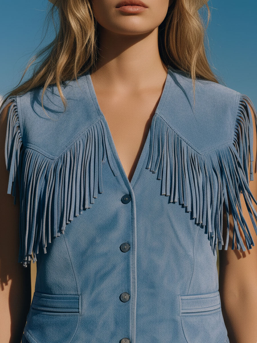 Western Retro Blue Faux Suede Tassel Vest