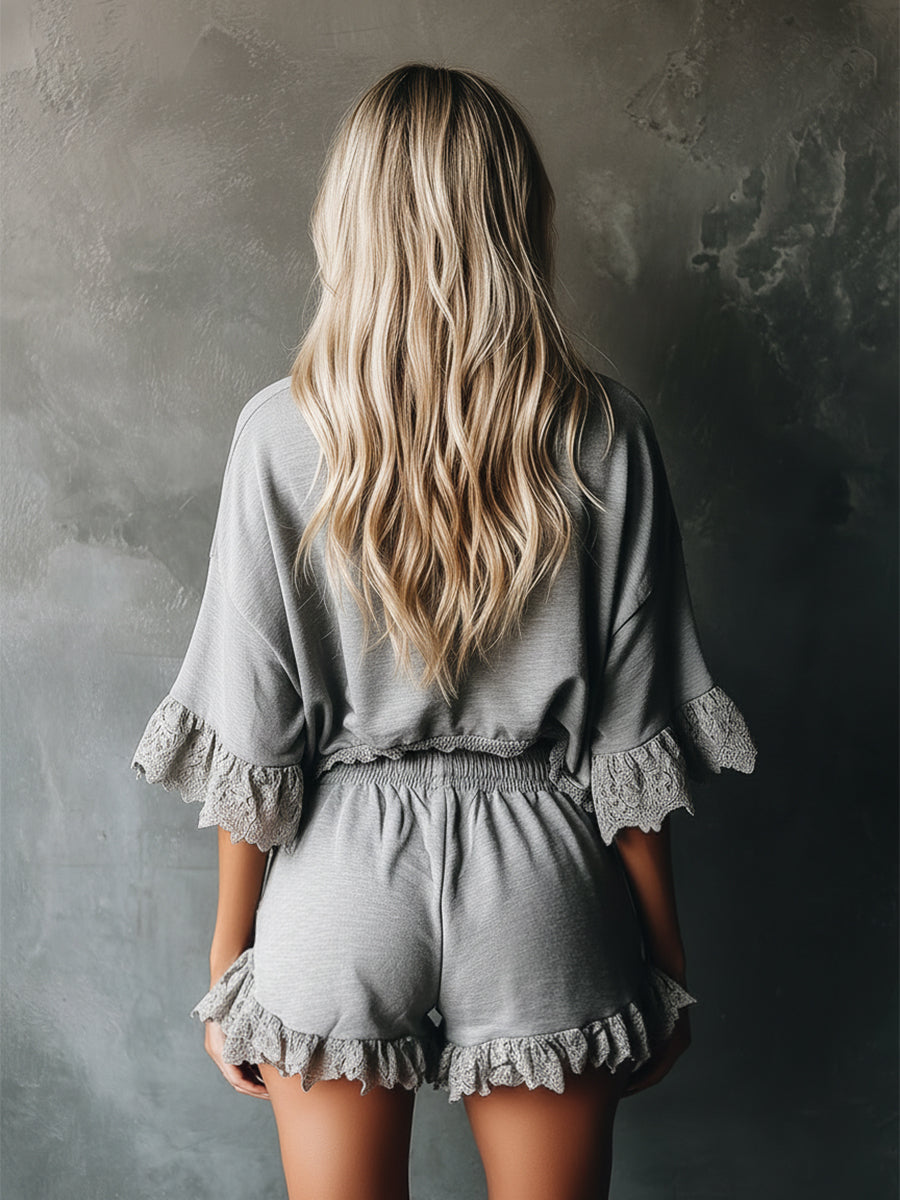 Urban Sporty Style Lace-trimmed Gray T-shirt And Shorts Set