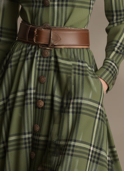 Vintage Bohemian Distressed Green Plaid Lapel Button-down Maxi Dress