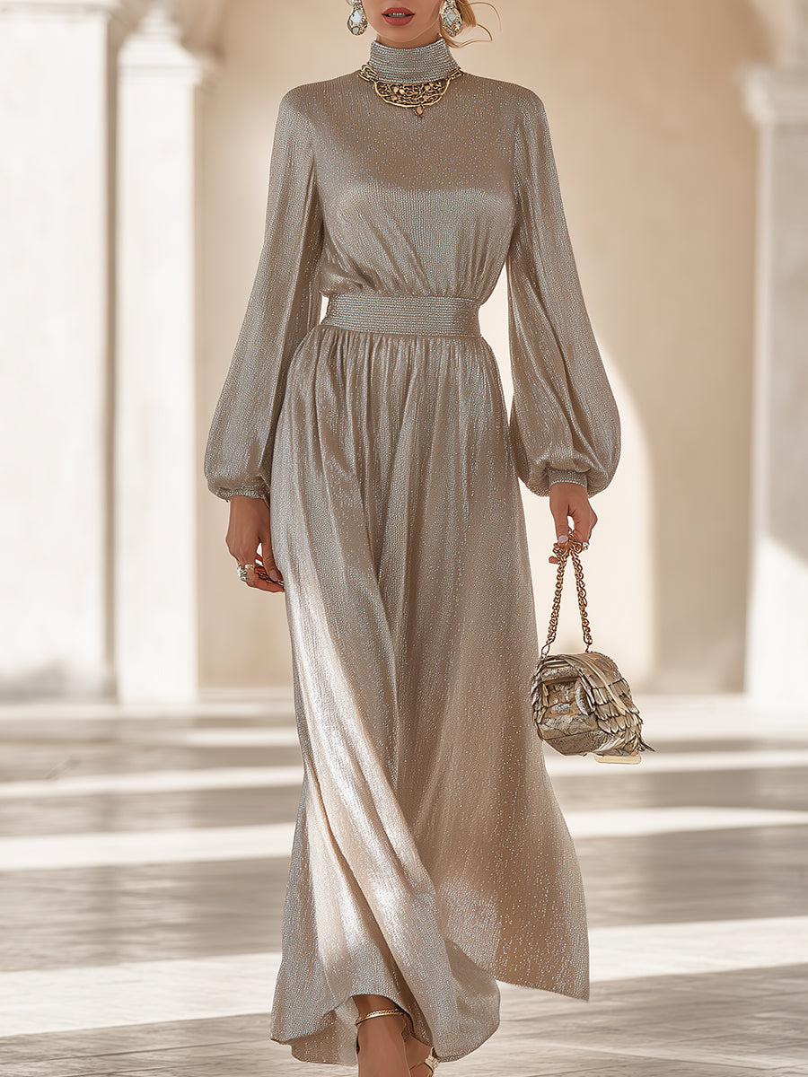 Elegant And Stylish Silver High-neck Maxi Dress