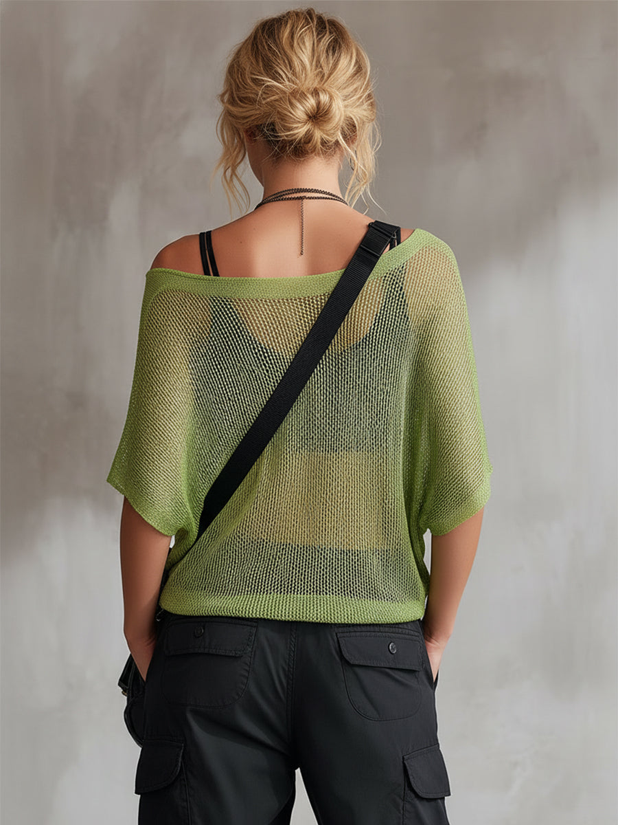 Trendy And Casual Green Mesh Knit Short-sleeved T-shirt