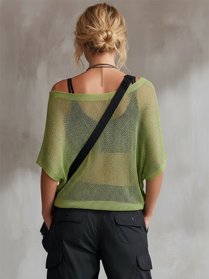 Trendy And Casual Green Mesh Knit Short-sleeved T-shirt